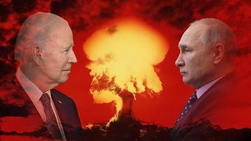Kuvamanipulaatio, jossa Vladimir Putin ja Joe Biden katsovat ydinräjähdystä.