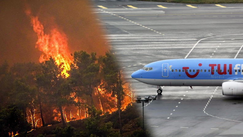 Vasemmalla metsä roihuaa raivokkaasti ja oikealla Tuin logon koristama sinivalkoinen lentokone seisoo lentokentällä.