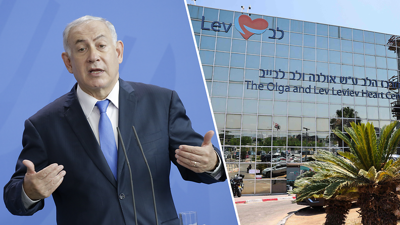 Netanjahu puhuu vakavana, oikealla kuva sairaalasta, jossa Netanjahun tahdistin asennettiin.
