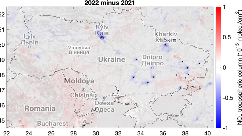Typpidioksidin pitoisuuksien muutos vuosina 2021–2022 Ukrainassa.
