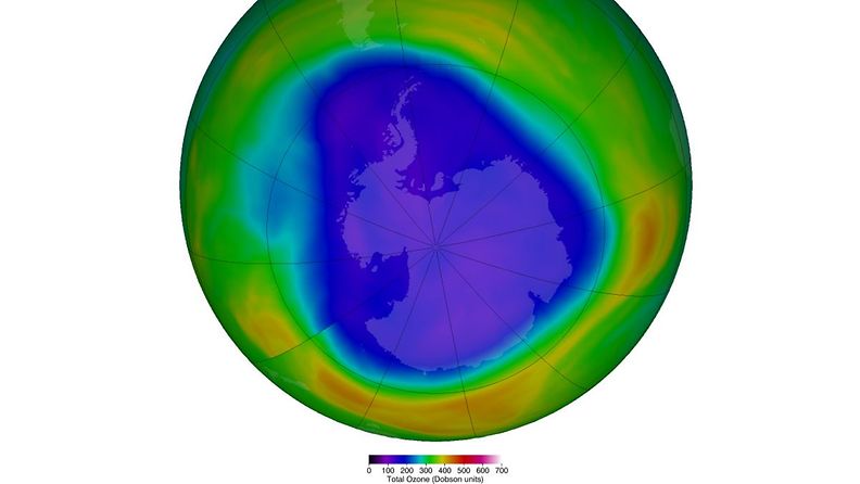 Karttakuva Antarktiksen otsoniaukosta 16.9.2023 (Kuva: NASA Ozone Watch)