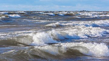 AOP Myrskyinen päivä. Suuret aallot murtuvat Hailuodon rantaan myrskyisenä päivänä.