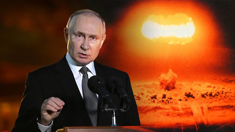 Kuvayhdistelmä, jossa ydinräjähdys Venäjän presidentti Vladimir Putinin takana.