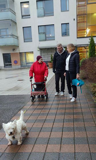 Ritva Laurikaisen, 89, uusi karvainen ulkoiluttaja on seitsemänvuotias länsiylämaanterrieri Luca. Mukana kulkevat sen emäntä Petra Tirri-Puroviita ja isäntä Timo Puroviita.1