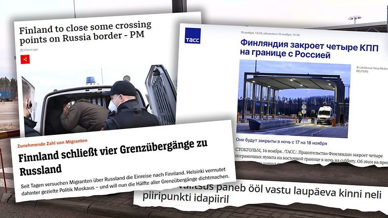 Otsikkoja maailmalta Suomen päätöksestä sulkea itärajan rajanylityspaikkoja 16. marraskuuta 2023.