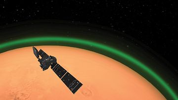 Taiteilijan näkemys ExoMars Trace Gas Orbiter -luotaimesta ja Marsin vihreästä ilmahehkusta. Kuva ESA 