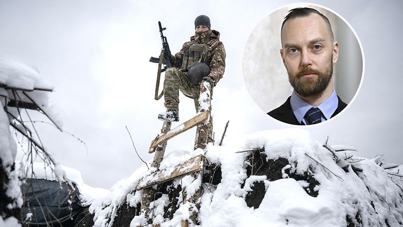 Kuvassa Ukrainan sotilas talvisissa olosuhteissa ja sotatieteilijä Ilmari Käihkön kasvot.