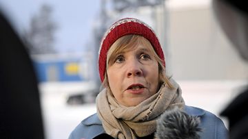 Opetusministeri Anna-Maja Henriksson puhuu lehdistölle Raja-Joosepin raja-asemalla