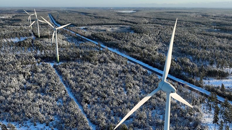LK 30.12.2023 Enerconin toimittamia tuulivoimaloita SABA Wind Oy Ab:n tuulivoimapuistossa Sändössä Hangossa 5. tammikuuta 2023.