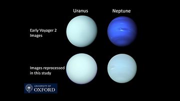 Aurinkokuntamme ulkoisimmat planeetat Uranus ja Neptunus ovat todellisuudessa lähestulkoon samanvärisiä, kertoo tuore tutkimus. Yläpuolella ovat julkisuuteen päätyneet Voyager 2:n kuvat ja alla uuden tutkimuksen paljastamat.