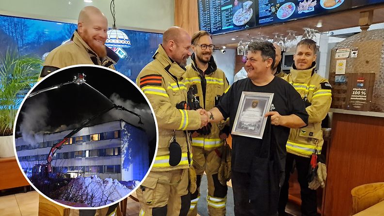 Vuosaaren tulipalon pelastustöissä mukana ollut Mellunkylän aseman 4-vuoro vei Vuosaaren Pizza Kebab -ravintolan yrittäjälle Hikmet Dikmen tänään kiitoksensa. Kuvassa asemamestari, paloesimies Kimmo Vallgren ja vuoron palomiehet.