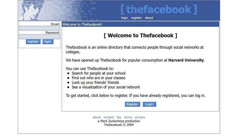 Facebookin kirjautusmissivu vuonna 2004