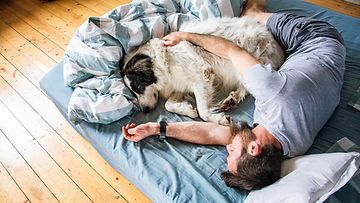 Koiran kanssa nukkuva mies