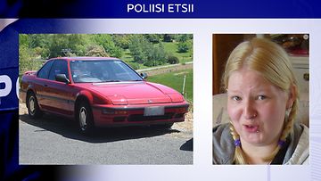 Kuvassa vuonna 2010 kadonnut Johanna Hautamäki ja esimerkkikuva punaisesta Honda Preludesta, josta poliisi pyytää havaintoja.