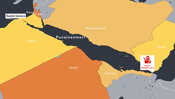 Karttakuva Punaisesta merestä, Suezin kanavasta ja Bab el Mandebin salmesta eli niin kutsutusta Kyynelten portista.