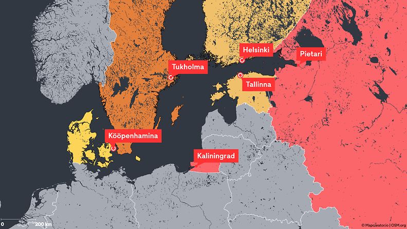 Karttakuva Itämerestä ja merkittävistä kaupungeista ja alueista sen ympärillä.