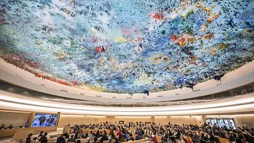 Yleiskuvaa YK:n ihmisoikeusneuvostosta Genevessä, Sveitsissä, helmikuussa 2024.