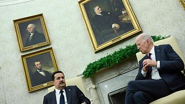 Irakin pääministeri Mohammed Shia al-Sudani ja Yhdysvaltain presidentti Joe Biden Valkoisessa talossa 15. huhtikuuta.