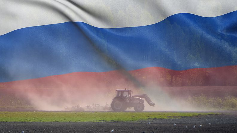 Kuvamanipulaatio, jossa on traktori ja Venäjän lippu.