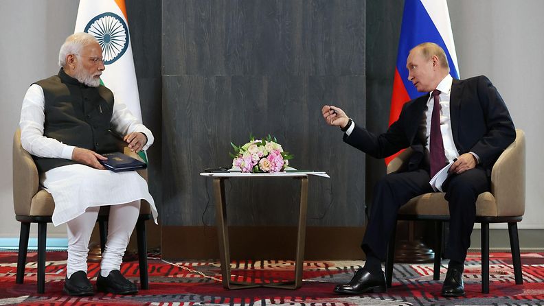 Intian pääministeri Narendra Modi ja Venäjän presidentti Vladimir Putin syyskuussa 2022.