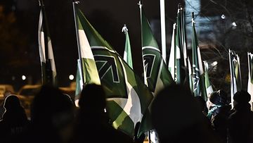 Uusnatsijärjestö Pohjoismaisen vastarintaliikkeen lippuja Helsingissä vuonna 2017. Kuvituskuva.