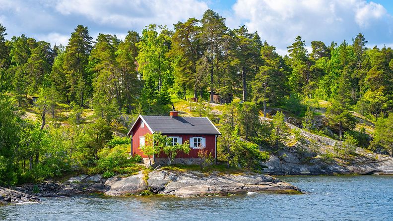 Kesämökki järven rannalla kesämaisemassa.