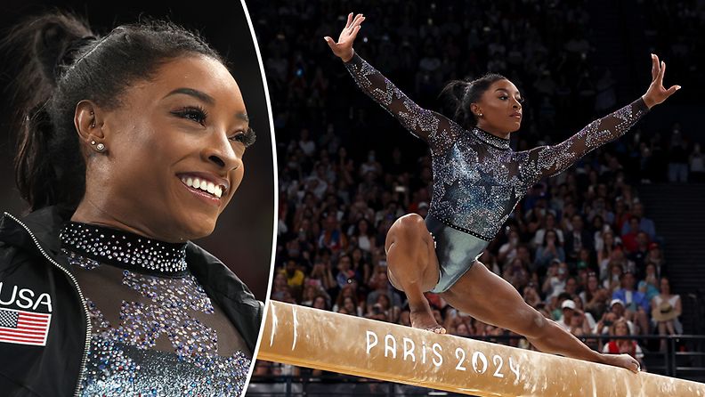 Simone Biles loistaa Pariisin olympialaisissa. 