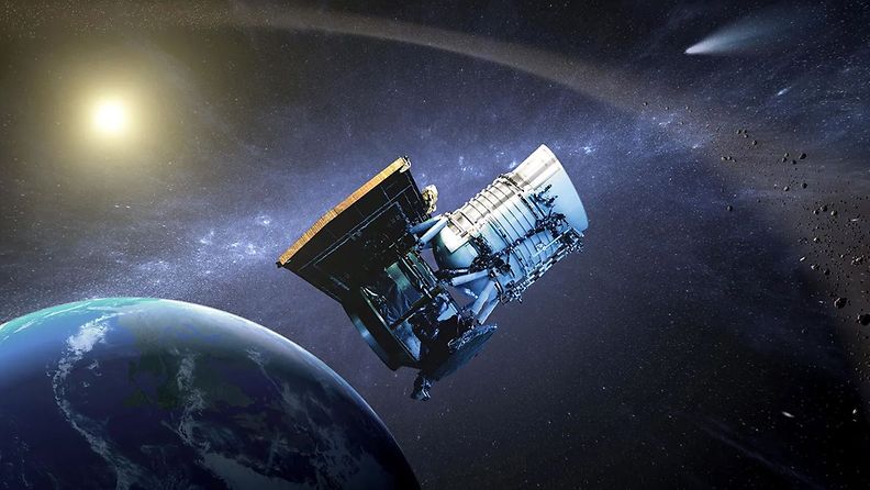 This artist’s concept depicts the NEOWISE spacecraft in orbit around Earth. Launched in 2009 to survey the entire sky in infrared, the spacecraft took on a more specialized role in 2014 when it was reactivated to study near-Earth asteroids and comets.