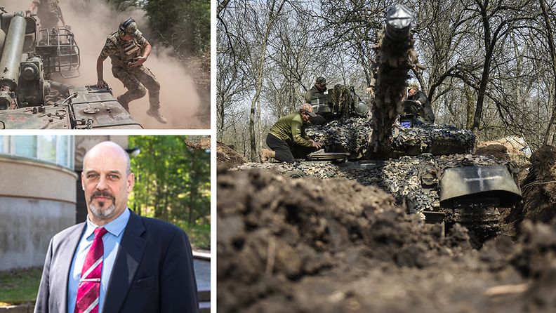 Kuvayhdistelmä, jossa tutkija Pentti Forsström, taistelupanssarivaunu ja telahaupitsi.