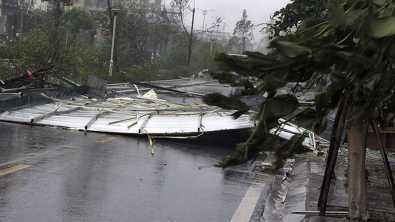  A handout photo made available by Vietnam News Agency shows debris on a street as typhoon Yagi makes landfall, in Quang Ninh province, Vietnam, 07 September 2024.