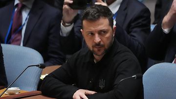 LK 25.9.2024 Ukrainan presidentti Volodymyr Zelensky puhuu YK:n turvallisuusneuvoston kokouksessa rauhan ja turvallisuuden ylläpitämisestä Ukrainassa YK:n päämajassa New Yorkissa 24. syyskuuta 2024.