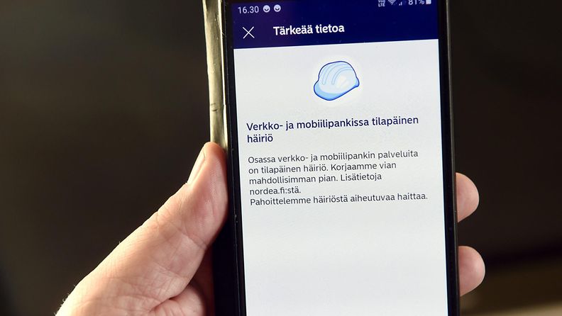 LK 25.9.2024 Virheilmoitus matkapuhelimen ruudulla Nordean mobiilipankin sivuilla maanantaina 8. maaliskuuta 2021.