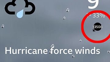 BBC Weather sovelluksen virheellisiä varoituksia hurrikaanitason tuulista.