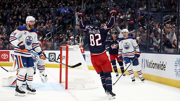 _Mikael Pyyhtia #82 of the Columbus Blue Jackets reacts after beating Stuart Skinner #74 of the Edmonton Oilers for his first career NHL goal(Photo by Kirk Irwin_NHLI via Getty Images)