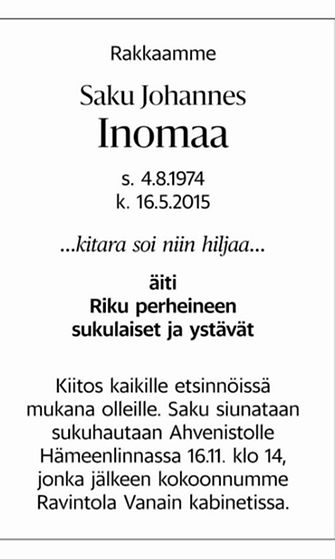 Saku Inomaa kuolinilmoitus HS