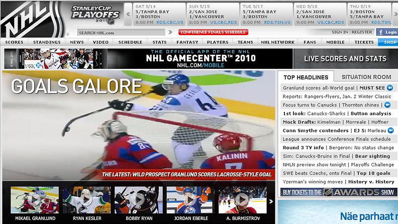 Mikael Granlundin ilmaveivimaali NHL.comin ykkösuutisena