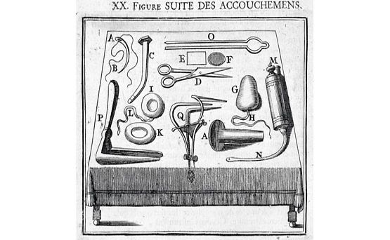 Brysselissä 1708 julkaistu kaiver- rus, joka esittää välskärin tai kirurgin työkalulaukkuun kuuluneita synnytyksen hoitoon liittyneitä välineitä. Kuvassa on myös kaksi ehkäisyvälinettä, rengasmainen ja päärynänmuotoinen, korkista valmistettu ja vahattu pessaari (I ja G). kuva wellcome images.